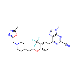 Cc1nnc(CN2CCC(CCOc3ccc(-c4nc(C#N)nc5c4ncn5C)cc3C(F)(F)F)CC2)o1 ZINC001772645201