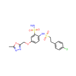 Cc1nnc(COc2ccc(NS(=O)(=O)CCc3ccc(Cl)cc3)c(S(N)(=O)=O)c2)o1 ZINC000144078474