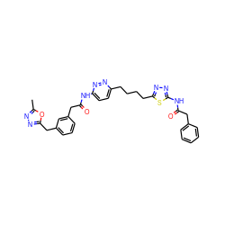 Cc1nnc(Cc2cccc(CC(=O)Nc3ccc(CCCCc4nnc(NC(=O)Cc5ccccc5)s4)nn3)c2)o1 ZINC000149478572