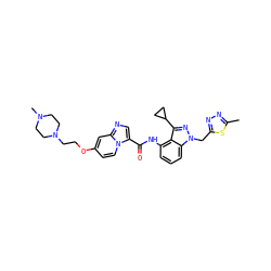 Cc1nnc(Cn2nc(C3CC3)c3c(NC(=O)c4cnc5cc(OCCN6CCN(C)CC6)ccn45)cccc32)s1 ZINC000117892653