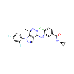 Cc1nnc(Nc2cc(C(=O)NC3CC3)ccc2Cl)c2cnn(-c3ccc(F)cc3F)c12 ZINC000049035458