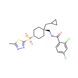 Cc1nnc(S(=O)(=O)[C@H]2CC[C@@](CNC(=O)c3ccc(Cl)cc3Cl)(CC3CC3)CC2)s1 ZINC000101536295