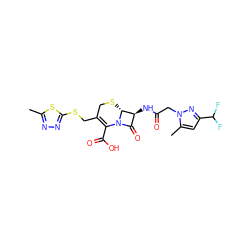 Cc1nnc(SCC2=C(C(=O)O)N3C(=O)[C@H](NC(=O)Cn4nc(C(F)F)cc4C)[C@H]3SC2)s1 ZINC000002732761