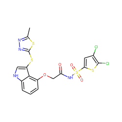 Cc1nnc(Sc2c[nH]c3cccc(OCC(=O)NS(=O)(=O)c4cc(Cl)c(Cl)s4)c23)s1 ZINC000042877402