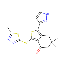 Cc1nnc(Sc2sc(-c3cc[nH]n3)c3c2C(=O)CC(C)(C)C3)s1 ZINC000082151257