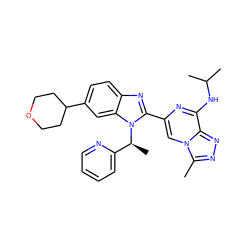 Cc1nnc2c(NC(C)C)nc(-c3nc4ccc(C5CCOCC5)cc4n3[C@@H](C)c3ccccn3)cn12 ZINC000209326578