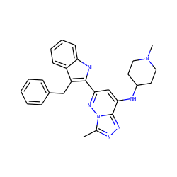 Cc1nnc2c(NC3CCN(C)CC3)cc(-c3[nH]c4ccccc4c3Cc3ccccc3)nn12 ZINC001772611762