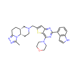 Cc1nnc2n1[C@H]1CCN(Cc3cc4nc(-c5cccc6[nH]ccc56)nc(N5CCOCC5)c4s3)C[C@H]1CC2 ZINC001772644680