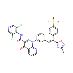 Cc1noc(/C(=C/c2cccc(-n3cc(C(=O)Nc4c(Cl)cncc4Cl)c(=O)c4cccnc43)c2)c2ccc(S(C)(=O)=O)cc2)n1 ZINC000049889521