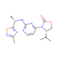 Cc1noc([C@H](C)Nc2nccc(N3C(=O)OC[C@@H]3C(C)C)n2)n1 ZINC000142084070