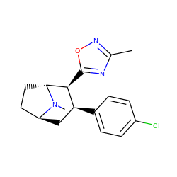 Cc1noc([C@H]2[C@@H](c3ccc(Cl)cc3)C[C@H]3CC[C@H]2N3C)n1 ZINC000100773370