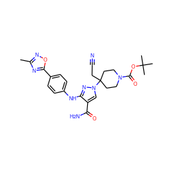 Cc1noc(-c2ccc(Nc3nn(C4(CC#N)CCN(C(=O)OC(C)(C)C)CC4)cc3C(N)=O)cc2)n1 ZINC000222080375