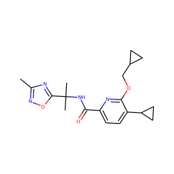 Cc1noc(C(C)(C)NC(=O)c2ccc(C3CC3)c(OCC3CC3)n2)n1 ZINC000149995684