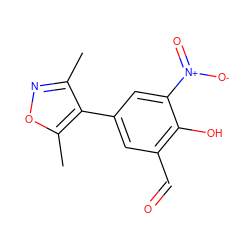 Cc1noc(C)c1-c1cc(C=O)c(O)c([N+](=O)[O-])c1 ZINC000169699628