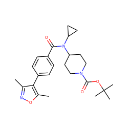 Cc1noc(C)c1-c1ccc(C(=O)N(C2CC2)C2CCN(C(=O)OC(C)(C)C)CC2)cc1 ZINC000223644328