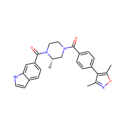 Cc1noc(C)c1-c1ccc(C(=O)N2CCN(C(=O)c3ccc4cc[nH]c4c3)[C@@H](C)C2)cc1 ZINC000049047760