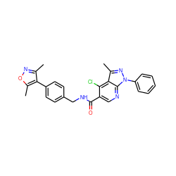 Cc1noc(C)c1-c1ccc(CNC(=O)c2cnc3c(c(C)nn3-c3ccccc3)c2Cl)cc1 ZINC000049111240