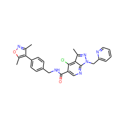 Cc1noc(C)c1-c1ccc(CNC(=O)c2cnc3c(c(C)nn3Cc3ccccn3)c2Cl)cc1 ZINC000049072988