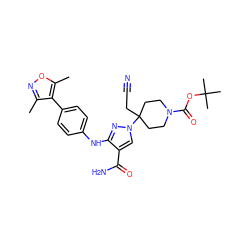 Cc1noc(C)c1-c1ccc(Nc2nn(C3(CC#N)CCN(C(=O)OC(C)(C)C)CC3)cc2C(N)=O)cc1 ZINC000222071985