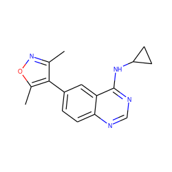 Cc1noc(C)c1-c1ccc2ncnc(NC3CC3)c2c1 ZINC000004268332