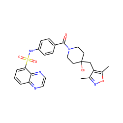 Cc1noc(C)c1CC1(O)CCN(C(=O)c2ccc(NS(=O)(=O)c3cccc4nccnc34)cc2)CC1 ZINC000217719744