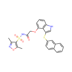 Cc1noc(C)c1S(=O)(=O)NC(=O)COc1cccc2[nH]cc(Sc3ccc4ccccc4c3)c12 ZINC000040934306