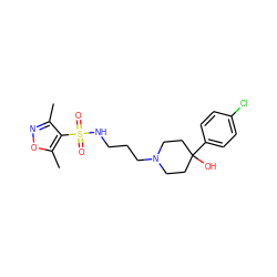 Cc1noc(C)c1S(=O)(=O)NCCCN1CCC(O)(c2ccc(Cl)cc2)CC1 ZINC000073139585