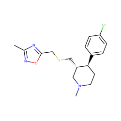 Cc1noc(CSC[C@H]2CN(C)CC[C@@H]2c2ccc(Cl)cc2)n1 ZINC000013584890