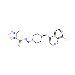 Cc1nocc1C(=O)NC[C@H]1CC[C@H](Oc2ccnc3c(F)cccc23)CC1 ZINC001772641610