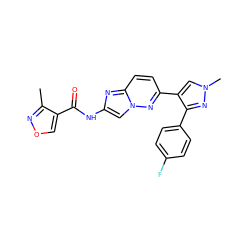 Cc1nocc1C(=O)Nc1cn2nc(-c3cn(C)nc3-c3ccc(F)cc3)ccc2n1 ZINC001772615044