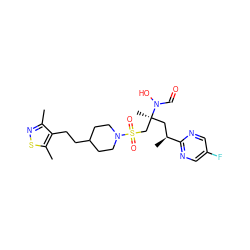 Cc1nsc(C)c1CCC1CCN(S(=O)(=O)C[C@](C)(C[C@H](C)c2ncc(F)cn2)N(O)C=O)CC1 ZINC000066077841