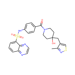 Cc1nscc1CC1(O)CCN(C(=O)c2ccc(NS(=O)(=O)c3cccc4nccnc34)cc2)CC1 ZINC000217763464