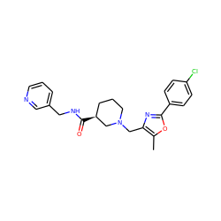 Cc1oc(-c2ccc(Cl)cc2)nc1CN1CCC[C@H](C(=O)NCc2cccnc2)C1 ZINC000004057496