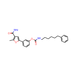 Cc1oc(-c2cccc(OC(=O)NCCCCCCc3ccccc3)c2)cc1C(N)=O ZINC000095555339