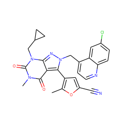 Cc1oc(C#N)cc1-c1c2c(=O)n(C)c(=O)n(CC3CC3)c2nn1Cc1ccnc2ccc(Cl)cc12 ZINC000084730712