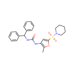 Cc1oc(S(=O)(=O)N2CCCCC2)cc1NC(=O)NC(c1ccccc1)c1ccccc1 ZINC000040394996