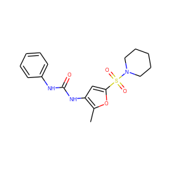 Cc1oc(S(=O)(=O)N2CCCCC2)cc1NC(=O)Nc1ccccc1 ZINC000004324633