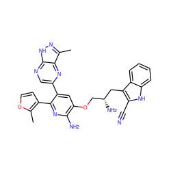 Cc1occc1-c1nc(N)c(OC[C@@H](N)Cc2c(C#N)[nH]c3ccccc23)cc1-c1cnc2[nH]nc(C)c2n1 ZINC000045386015