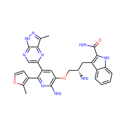 Cc1occc1-c1nc(N)c(OC[C@@H](N)Cc2c(C(N)=O)[nH]c3ccccc23)cc1-c1cnc2[nH]nc(C)c2n1 ZINC000049756567