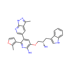 Cc1occc1-c1nc(N)c(OC[C@@H](N)Cc2c[nH]c3ccccc23)cc1-c1cnc2[nH]nc(C)c2c1 ZINC000045340157