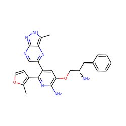 Cc1occc1-c1nc(N)c(OC[C@@H](N)Cc2ccccc2)cc1-c1cnc2n[nH]c(C)c2n1 ZINC000045352391