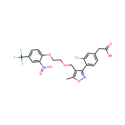 Cc1onc(-c2ccc(CC(=O)O)cc2Cl)c1COCCOc1ccc(C(F)(F)F)cc1[N+](=O)[O-] ZINC000037866926