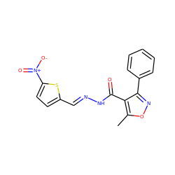 Cc1onc(-c2ccccc2)c1C(=O)N/N=C/c1ccc([N+](=O)[O-])s1 ZINC000001001081