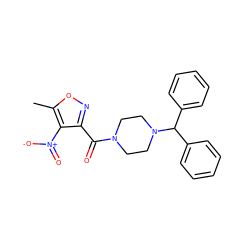 Cc1onc(C(=O)N2CCN(C(c3ccccc3)c3ccccc3)CC2)c1[N+](=O)[O-] ZINC000020285399