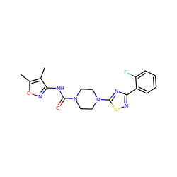 Cc1onc(NC(=O)N2CCN(c3nc(-c4ccccc4F)ns3)CC2)c1C ZINC000095584620