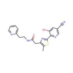 Cc1sc(-c2ncc(C#N)cc2O)nc1CC(=O)NCCc1ccccn1 ZINC000147531203