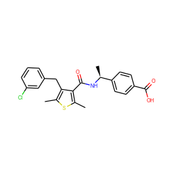 Cc1sc(C)c(C(=O)N[C@@H](C)c2ccc(C(=O)O)cc2)c1Cc1cccc(Cl)c1 ZINC000045385896