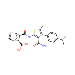 Cc1sc(NC(=O)[C@H]2[C@@H](C(=O)O)[C@H]3C=C[C@H]2C3)c(C(N)=O)c1-c1ccc(C(C)C)cc1 ZINC000100492068