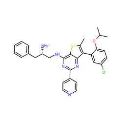 Cc1sc2c(NC[C@@H](N)Cc3ccccc3)nc(-c3ccncc3)nc2c1-c1cc(Cl)ccc1OC(C)C ZINC000223679374