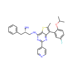 Cc1sc2c(NC[C@@H](N)Cc3ccccc3)nc(-c3ccncc3)nc2c1-c1cc(F)ccc1OC(C)C ZINC000223677343